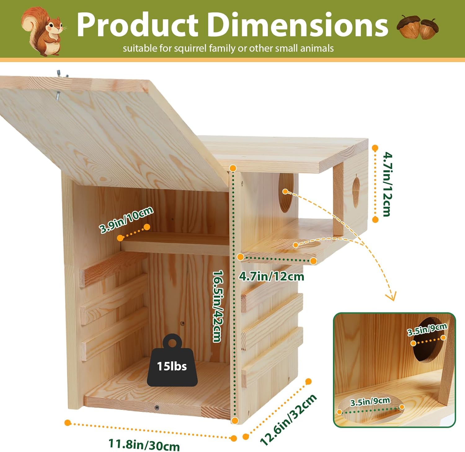 Wooden Squirrel House Outdoor, 12.6" W Large Nesting Box with External