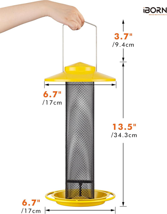 iBorn Finch Feeders for Outside,Thistle Bird Feeders for Outdoors Hanging,Nyjer Seed Feeder,Metal Mesh Tube Bird Feeder 13.5 Inch with 17cm Weatherproof Large Roof and Tray,2 LB Capacity,Yellow