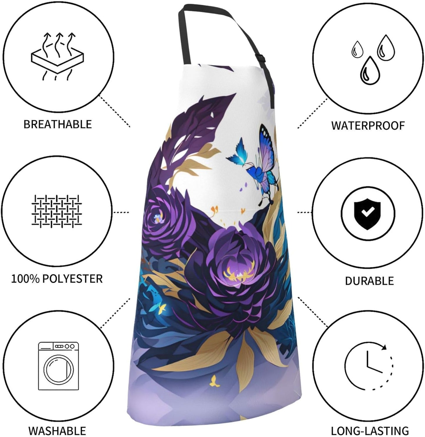 Purple Butterfly print Waterproof chef's apron with pocket apron for kitchen cooking baking barbecue and gardening