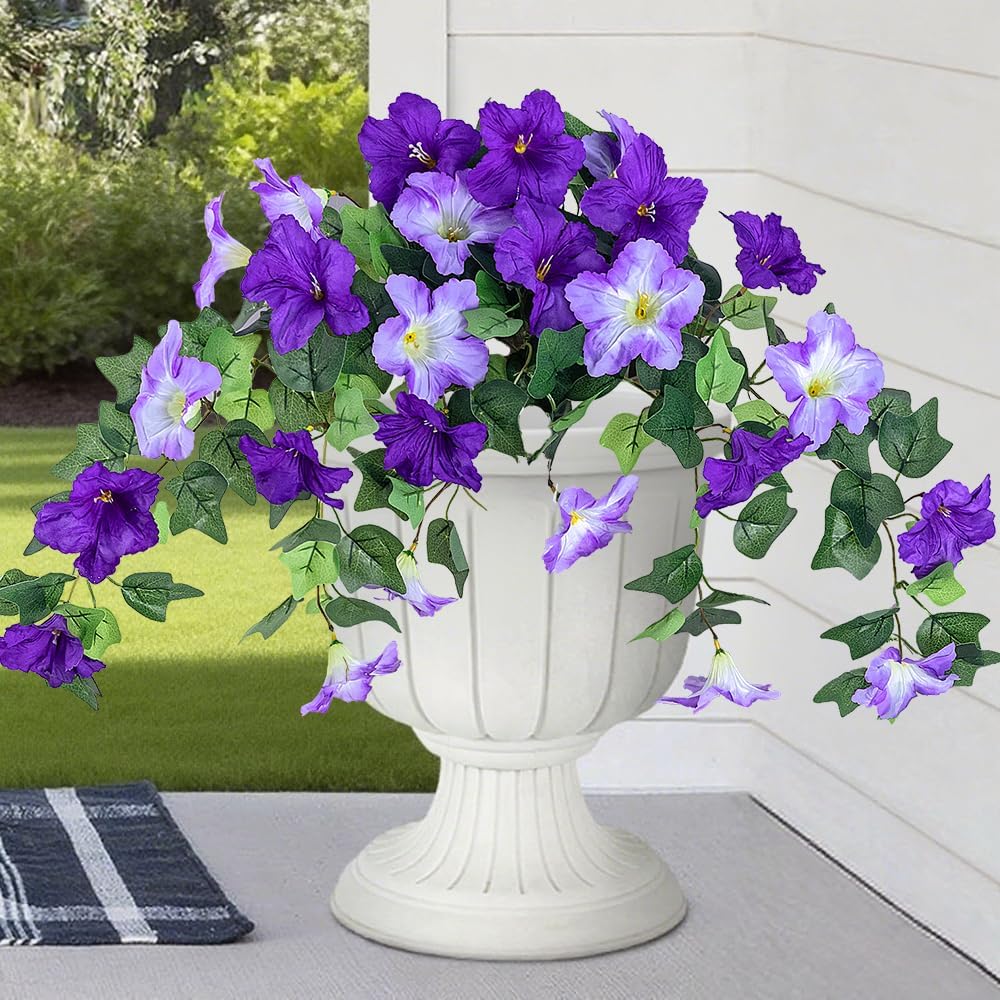 2Pcs Artificial Hanging Flowers for Outdoors, Fake Outdoor Flowers Faux Petunias Silk Flowers for Outdoor planters UV Resistant for Home Garden Balcony Yard Porch Patio Decor (Purple-White)