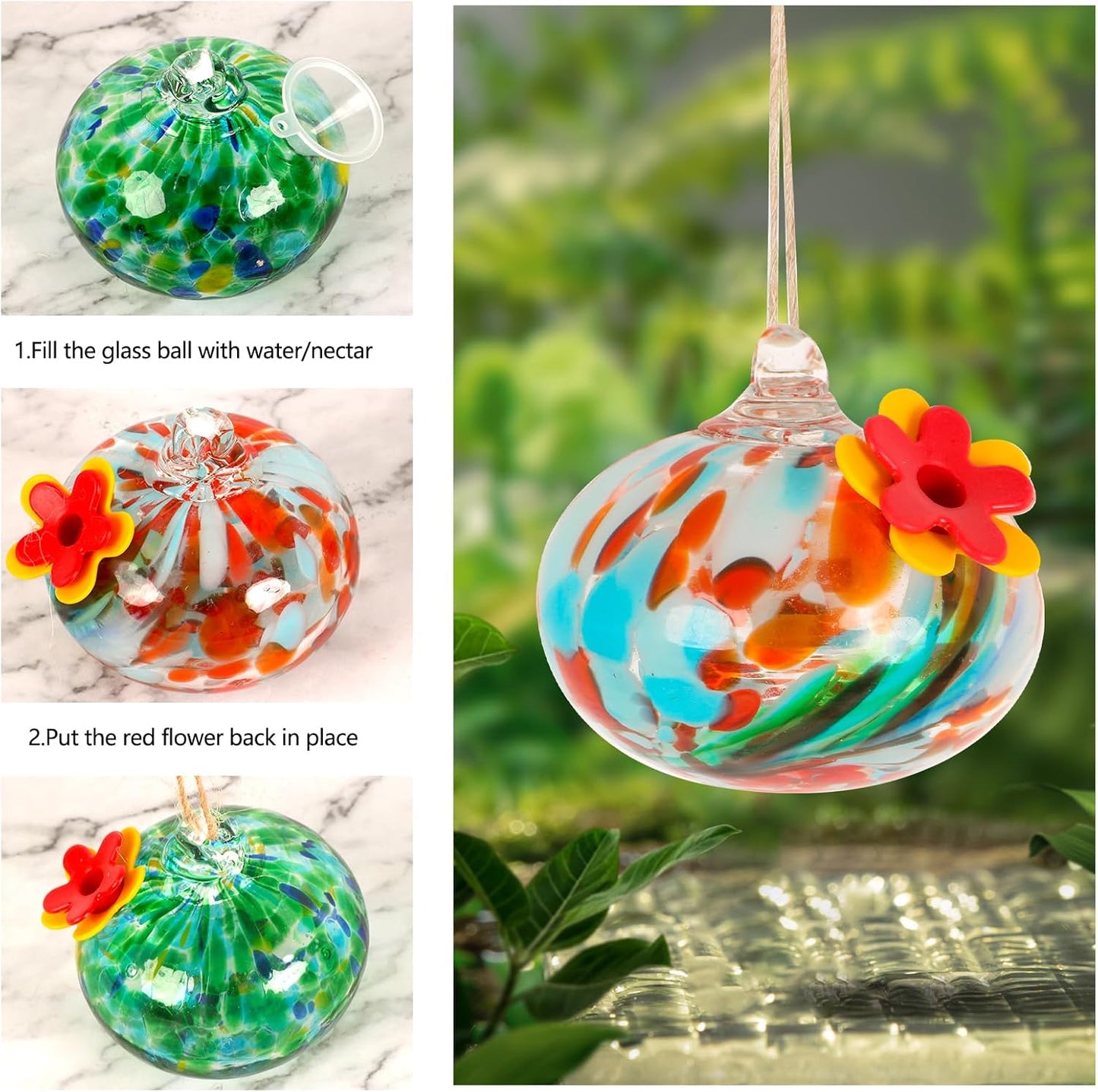 2 Pcs Blown Glass Hummingbird Feeder for Outdoors Hanging, Ant & Bee Resistant Window Bird FeederHandmade Garden Decor Gift for Women - Small Round Glass Feeders Bundle (Ellipse A2)