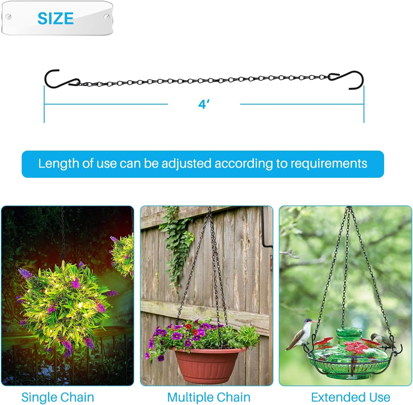 Patio Hanging Chain with Hooks - Black Metal Decorative Chain for Hanging Planters, Bird Feeders, Signs, Lanterns & Ornaments - Outdoor/Indoor Use (4 FT, 1 Piece)