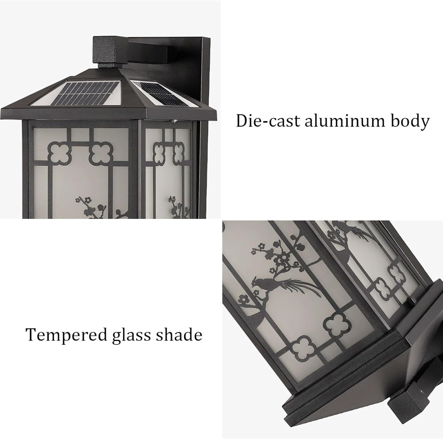 Solar Outdoor Wall Lantern IP65 Waterproof, Matte Black Exterior Wall Sconce Lamp with Auto On/Off, Classic Style LED Light, Frosted Glass Panels for Courtyard, Patio, Gate, Pathway Cottage