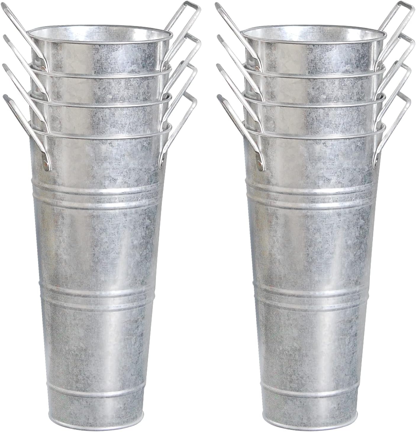 Galvanized Metal Bucket Vases Set of 8, 9 Inch Farmhouse French Flower Buckets Pots with Handles, Rustic Decorative Metal Holder Flower Vase for Home Wedding Table Centerpiece Decor (Silver)