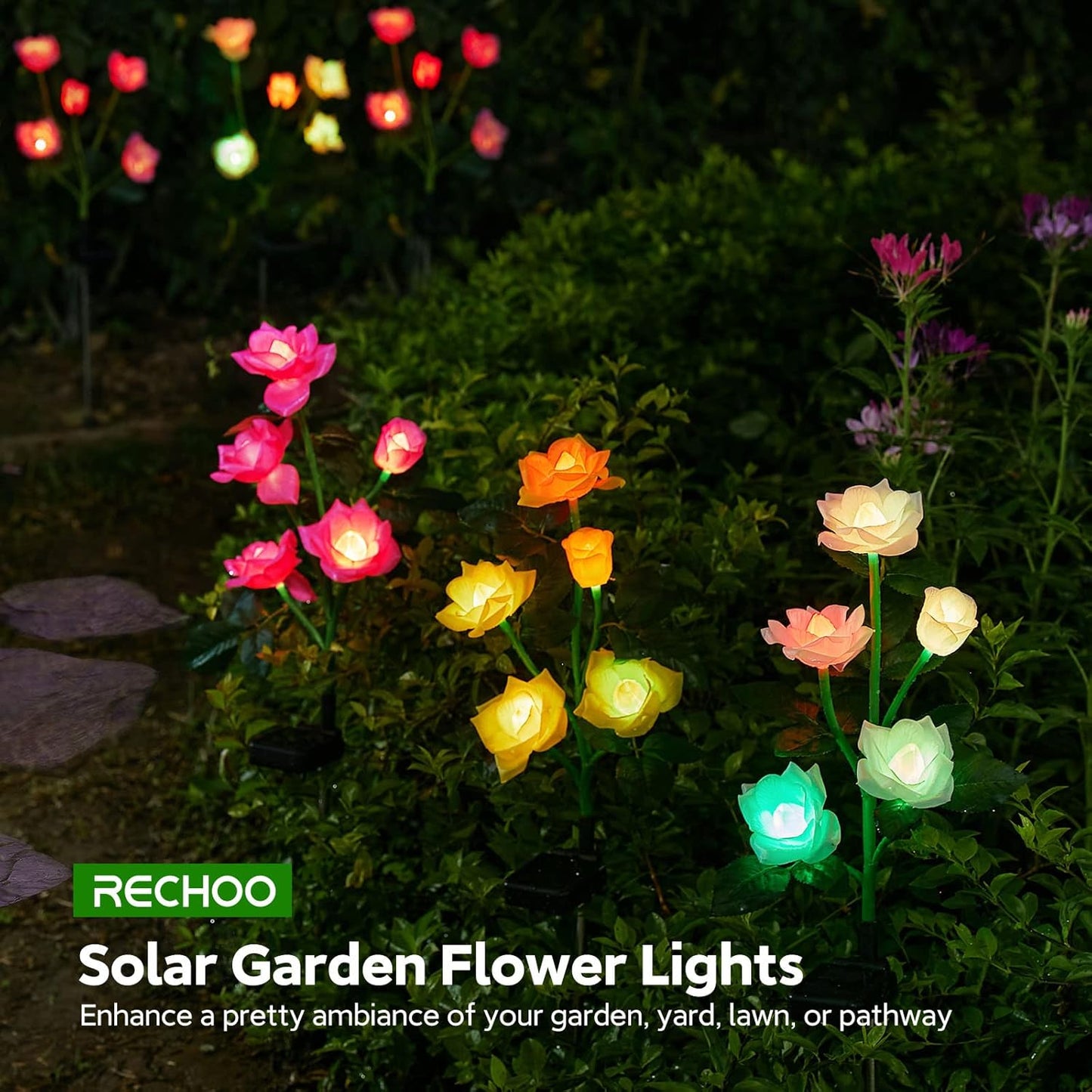 RECHOO Solar Garden Lights Outdoor Decorative, 3 Pack Solar Flower Lig