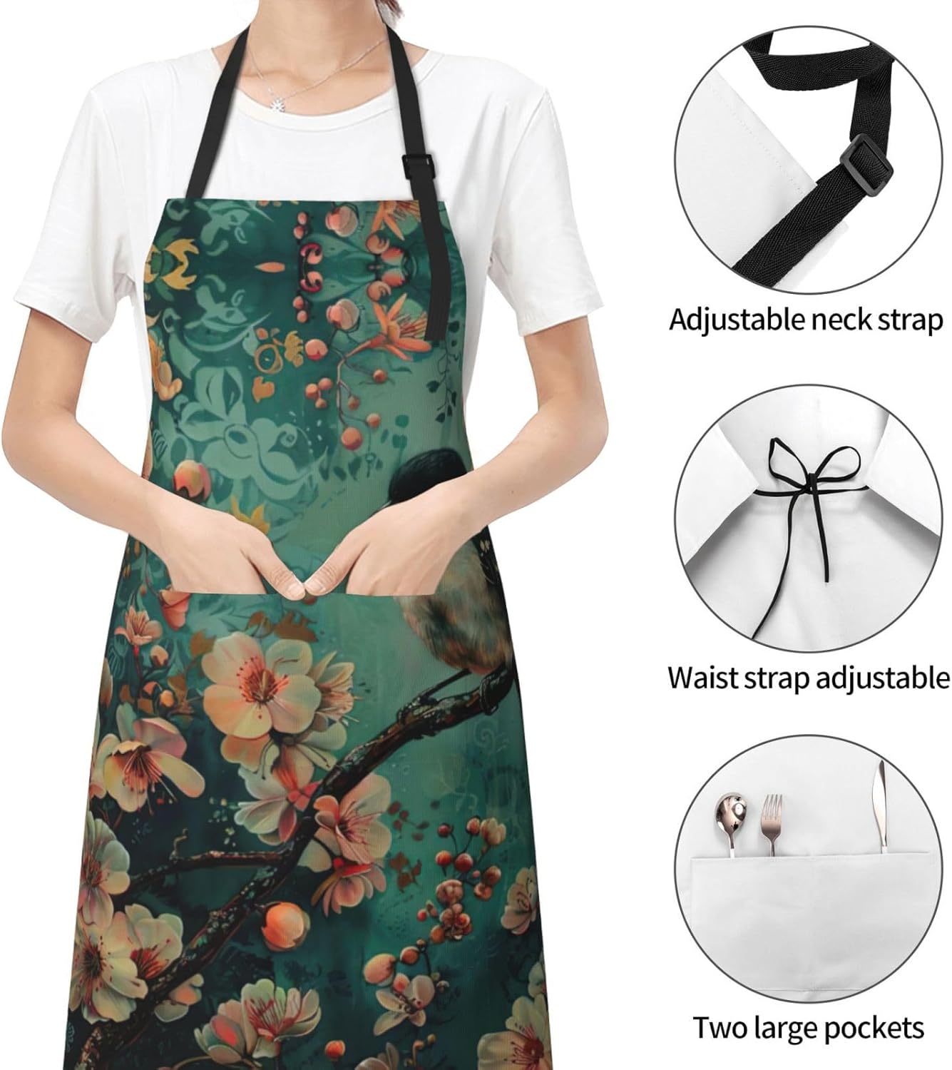 Flower and Bird Art print Waterproof apron with pocket adjustable cooking apron for adult kitchen bibs to bake