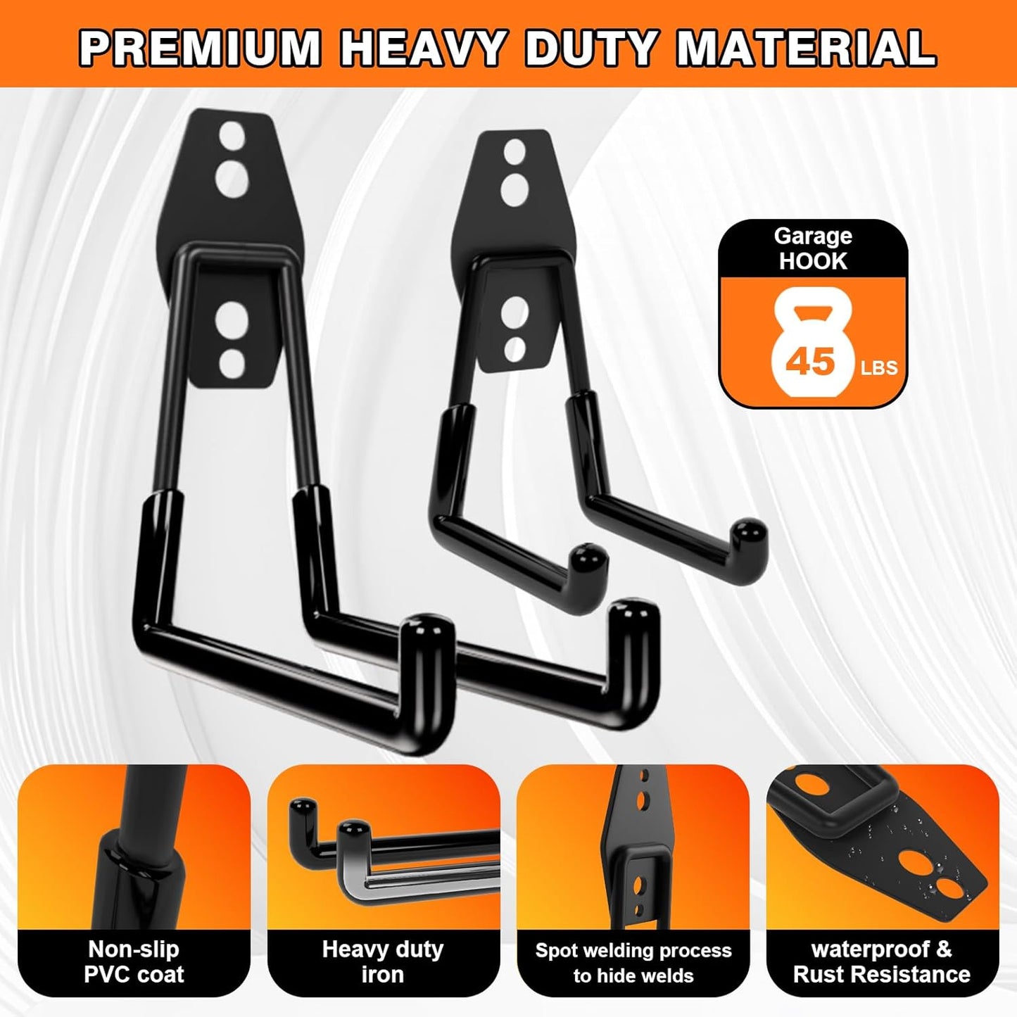 Heavy Duty Garage Hooks Storage, Anti-Slip Steel Wall Mount Multi-Size Utility Hangers Organizer for Ladders, Bikes, Garden Tools, Hose with 32 Screws Hardware Kit (Black, 20 Pack)