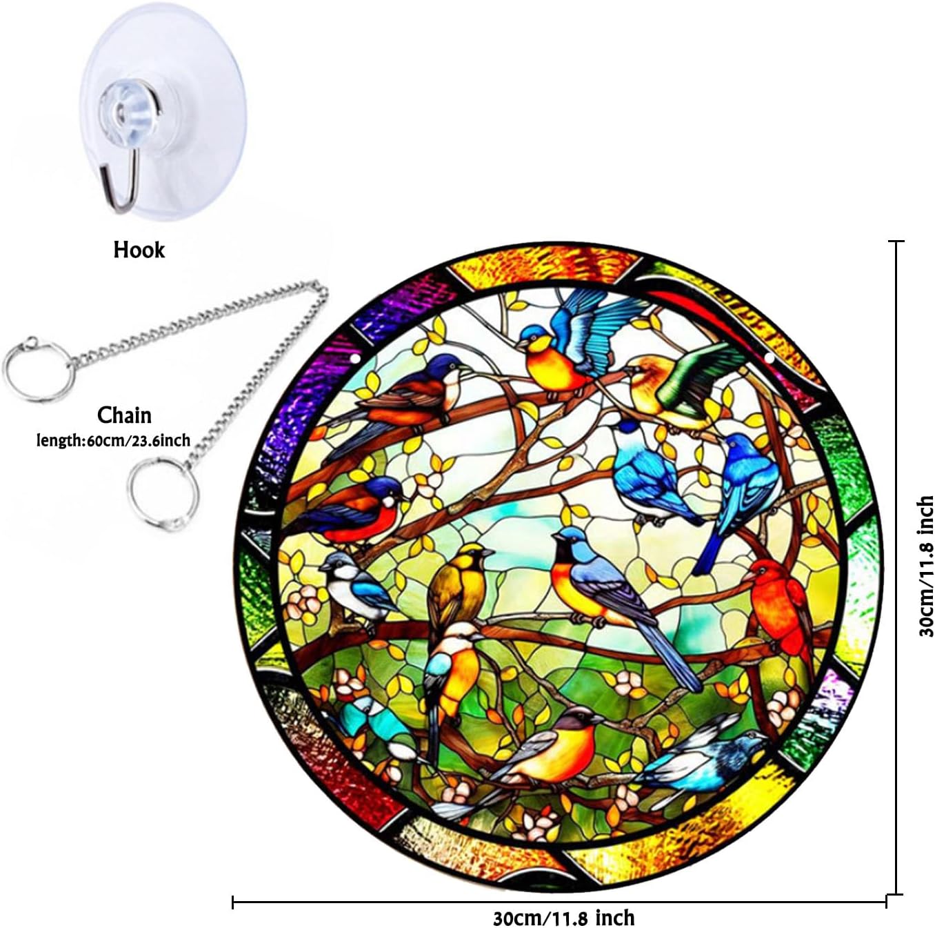 11.8'' Birds Acrylic Window Hangings, Stained Panel Colorful Indoor Outdoor Home Garden Ornaments (Bird Concert)