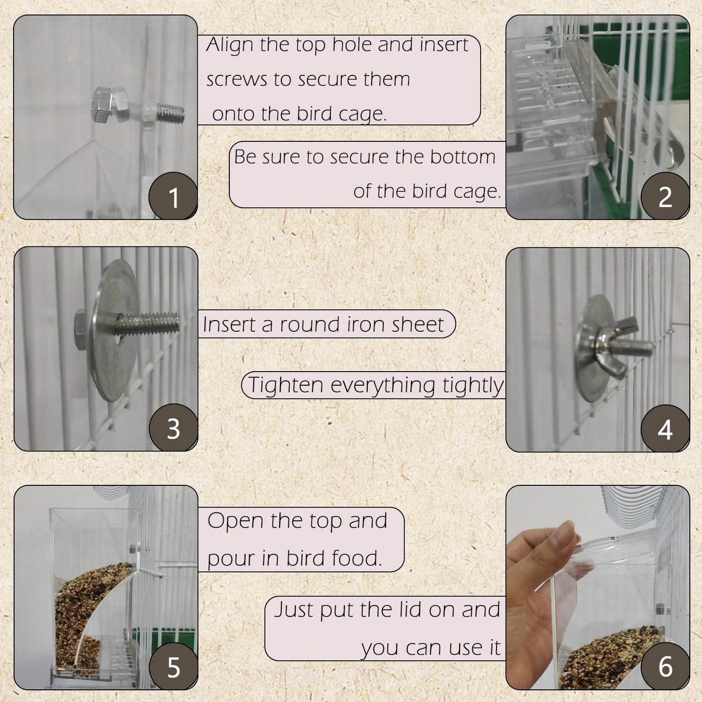 IBWell No Mess Automatic Bird Feeder for Cage - Parrot Feeder Inside Cage With Clear Perch and Acrylic Seed Food Container