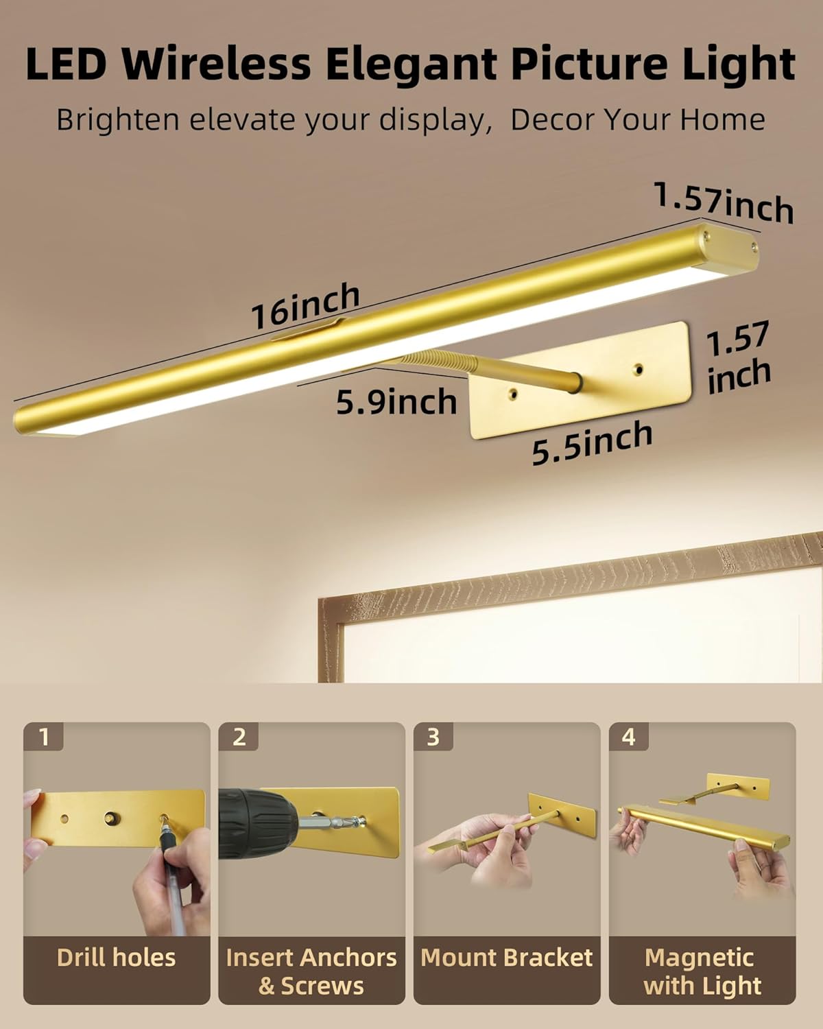 EZVALO Picture Light for Wall, 4800mAh Rechargeable Wireless Lights, 16'' Dimmable with IR Remote Magnetic LED Art Painting Light with 3 Color Temps, Display for Gallery, Living Room, Bedroom(Gold)