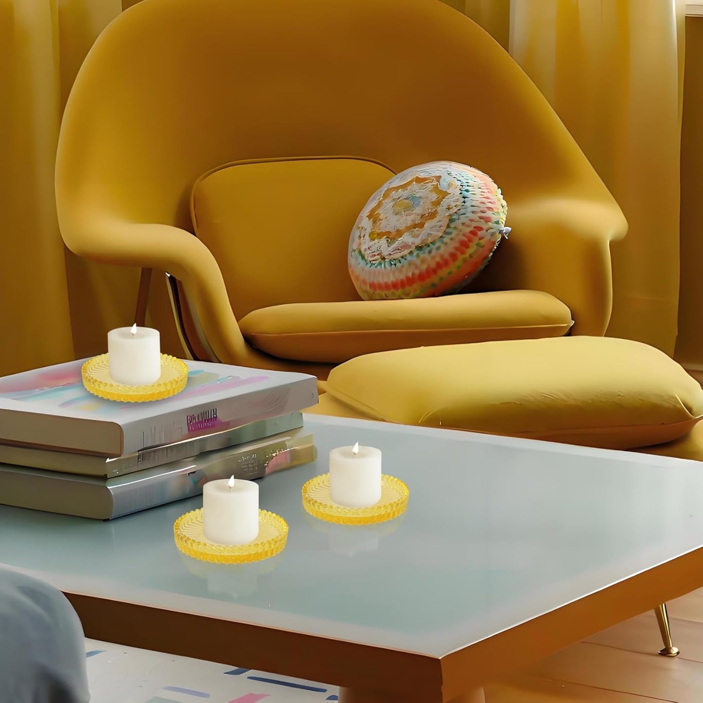 3.8 Inch Yellow Glass Pillar Candle Holder Plates Set of 2 Coaster Holder Round Candle Stand for Table Centerpieces, Wedding,Party,and Home Decor