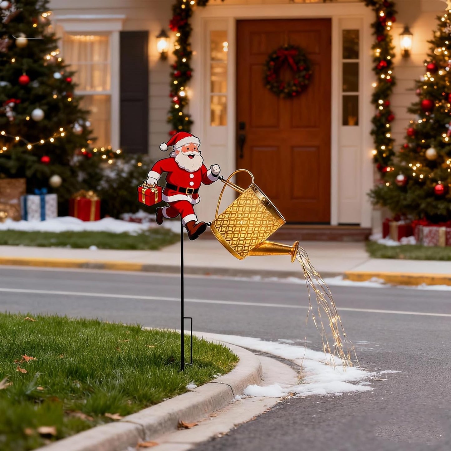 Santa Article Solar Kettle Light, Christmas Holiday Decoration, Garden Decoration, Courtyard Metal Solar Waterfall Light (B)