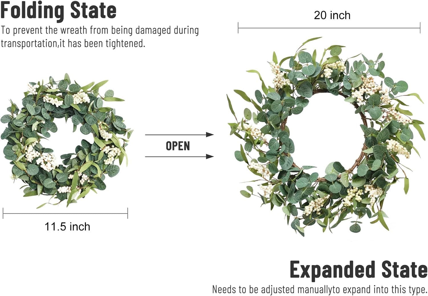 Pinkpum 20'' Eucalyptus Wreath for Front Door, Porch, Window - Green D