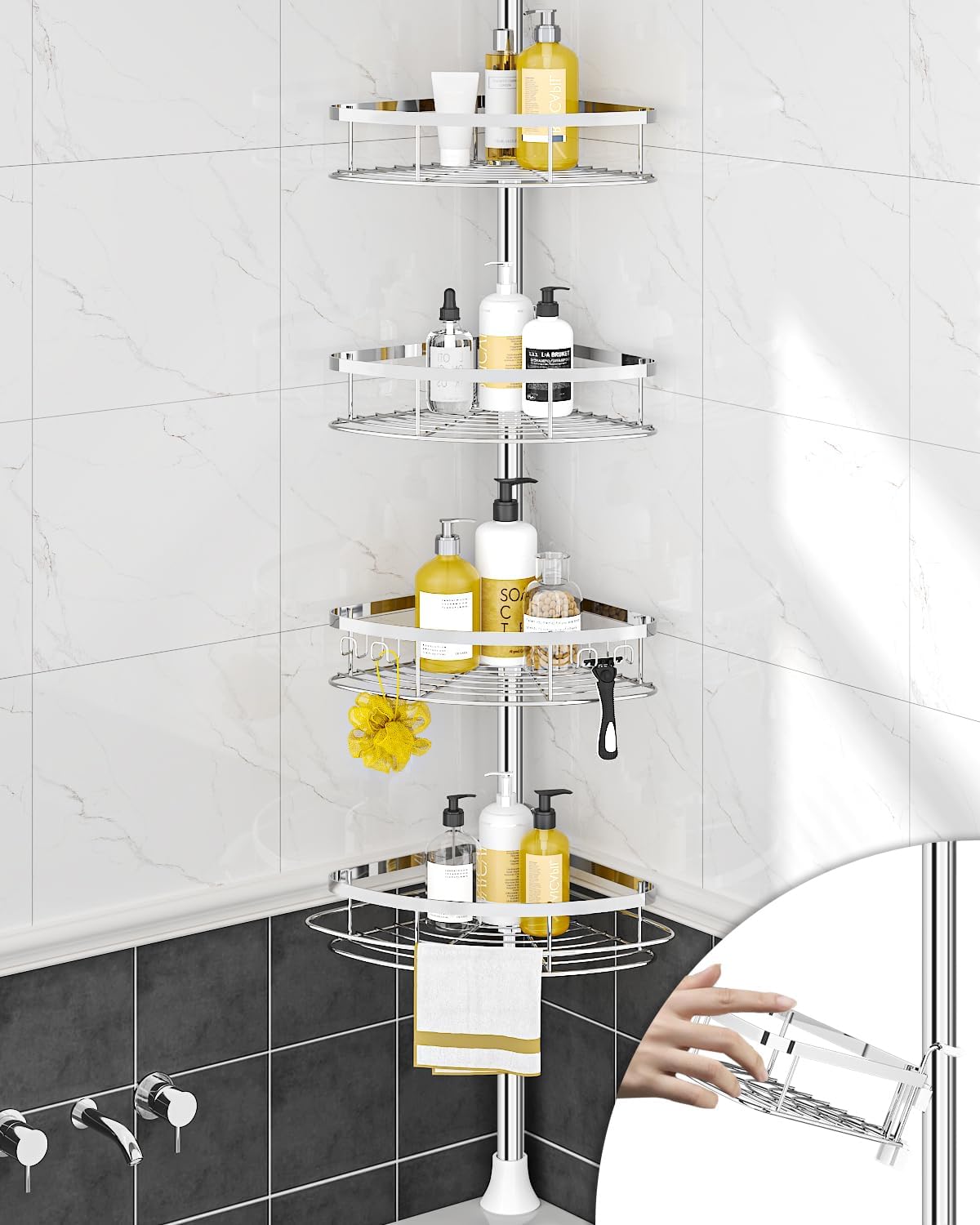 SEIRIONE Rustproof Shower Corner Caddy Organizer for Bathroom, 4 Adjustable Shelves with Tension Pole, for Bathtub Shampoo Accessories Storage Holder, 34 to 116 Inch Height