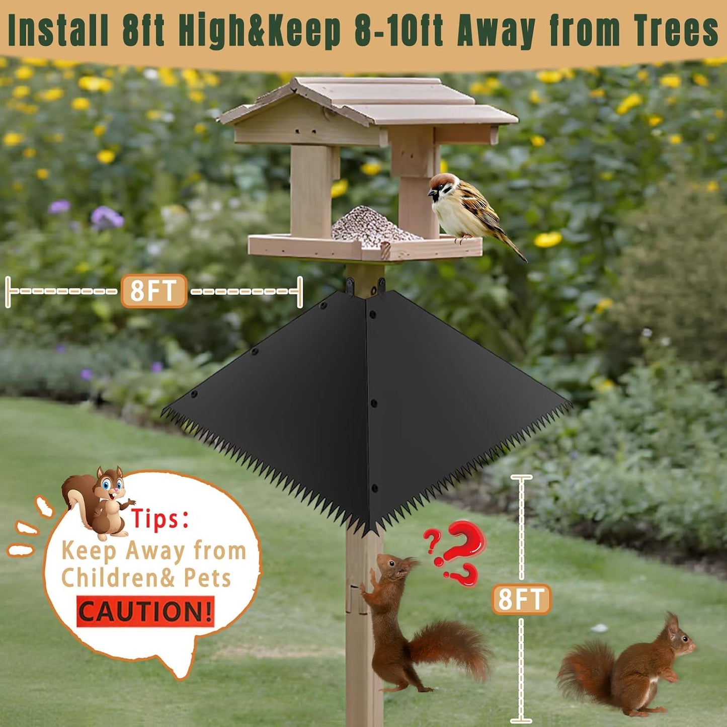 Squirrel Baffle for Bird Feeder Pole,Metal Guard for Shepherd's Hook & 4x4 Post, Raccoon Proof Outdoor Deterrent with 4pcs Warning Stickers, Bird House Protection