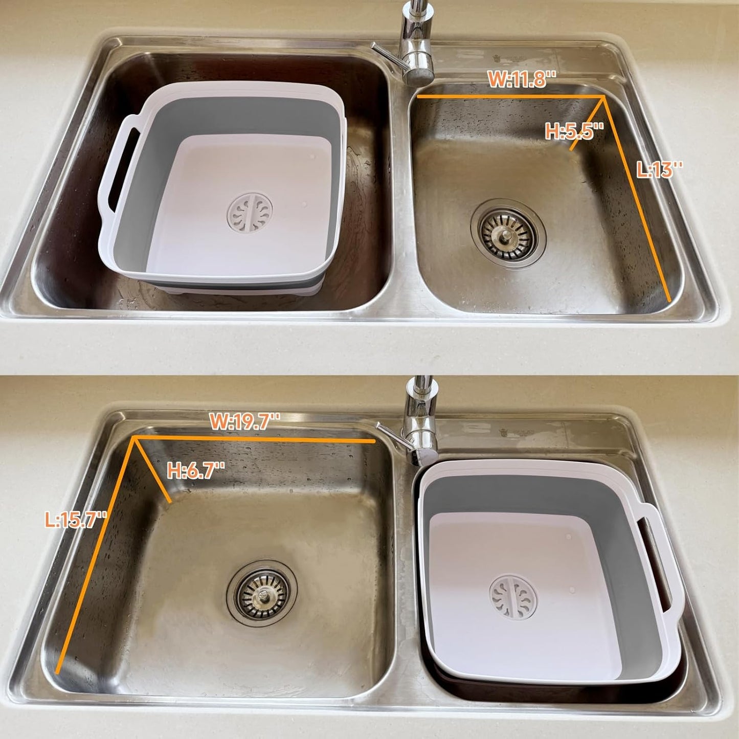 Collapsible Wash Basin with Drain Plug - 2.4 Gallon Foldable Kitchen Sink for Baby Bottles, RV Camping, Space-Saving Dish Tub (Gray)