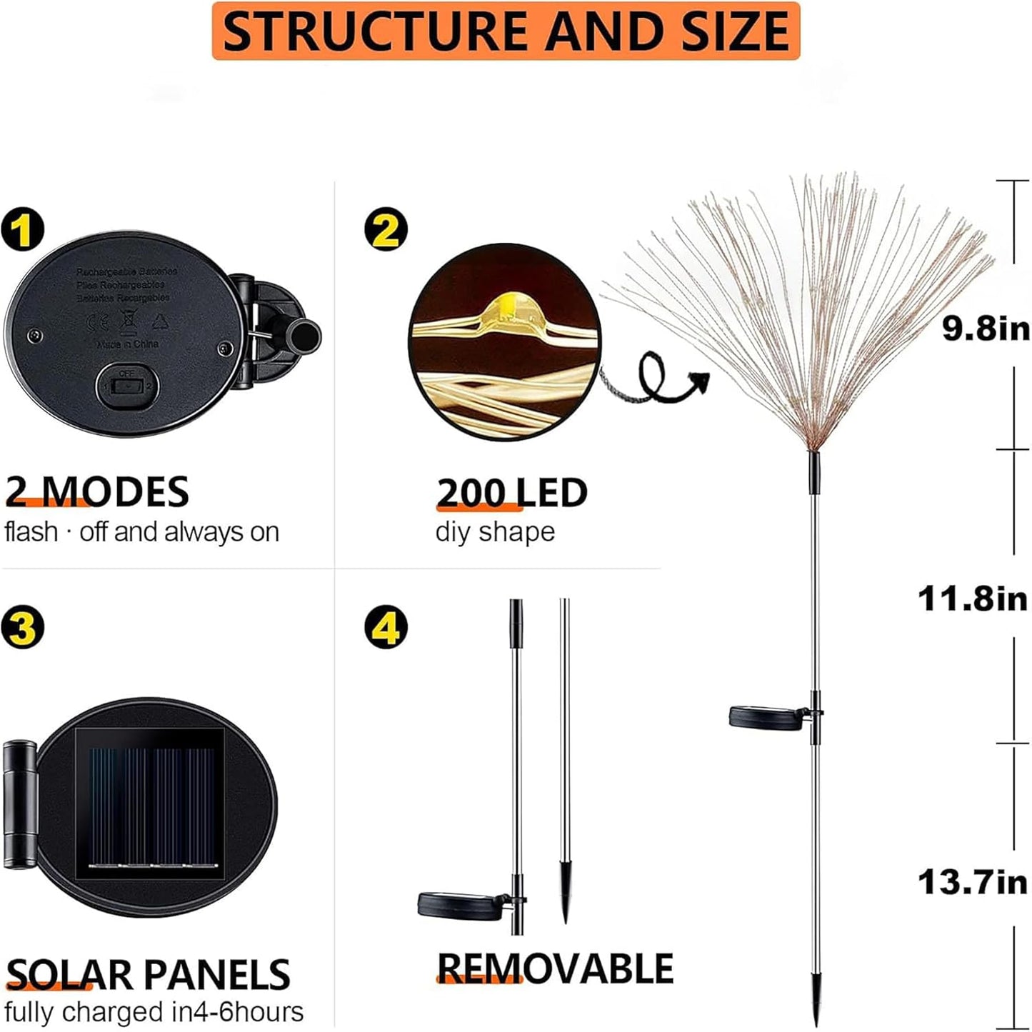 4 Pack Solar Firework Lights, 200 LED Outdoor Waterproof Garden Decorative Lights, for Party, Home, Christmas Decoration (Warm Ligh)
