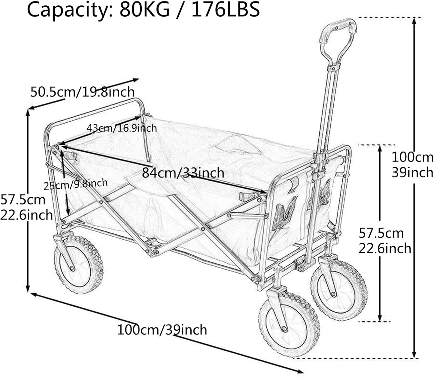 Heavy Duty Collapsible Garden Trolley Cart, Foldable Utility Wagon for Outdoor Camping & Gardening, 80KG Capacity, Adjustable Handle & Universal Wheels, Black