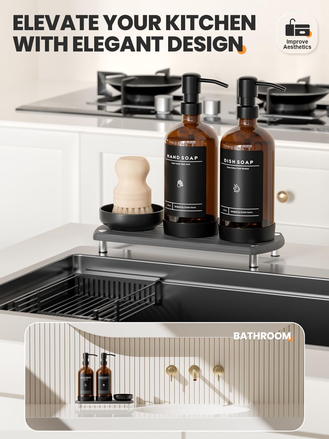 [Luxury] Kitchen Soap Dispenser Set - 16OZ Amber Glass Bottle, Stainle