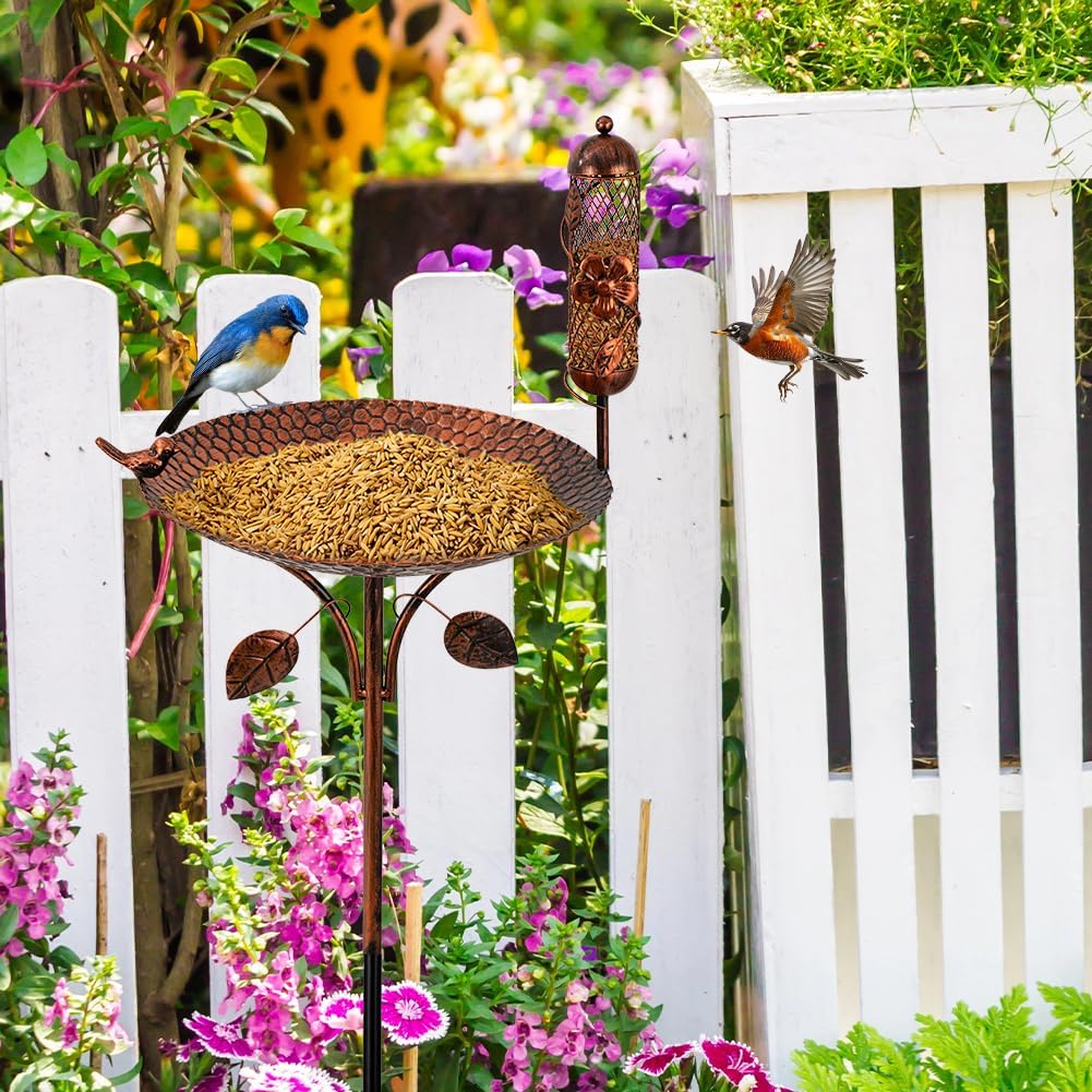 dreamysoul Metal Bird Baths for Outside, 46 Inches Tall Freestanding Birdbaths with Birdfeeder, 5-Pronged Bird Bath for Outdoors Garden Yard Patio Decor