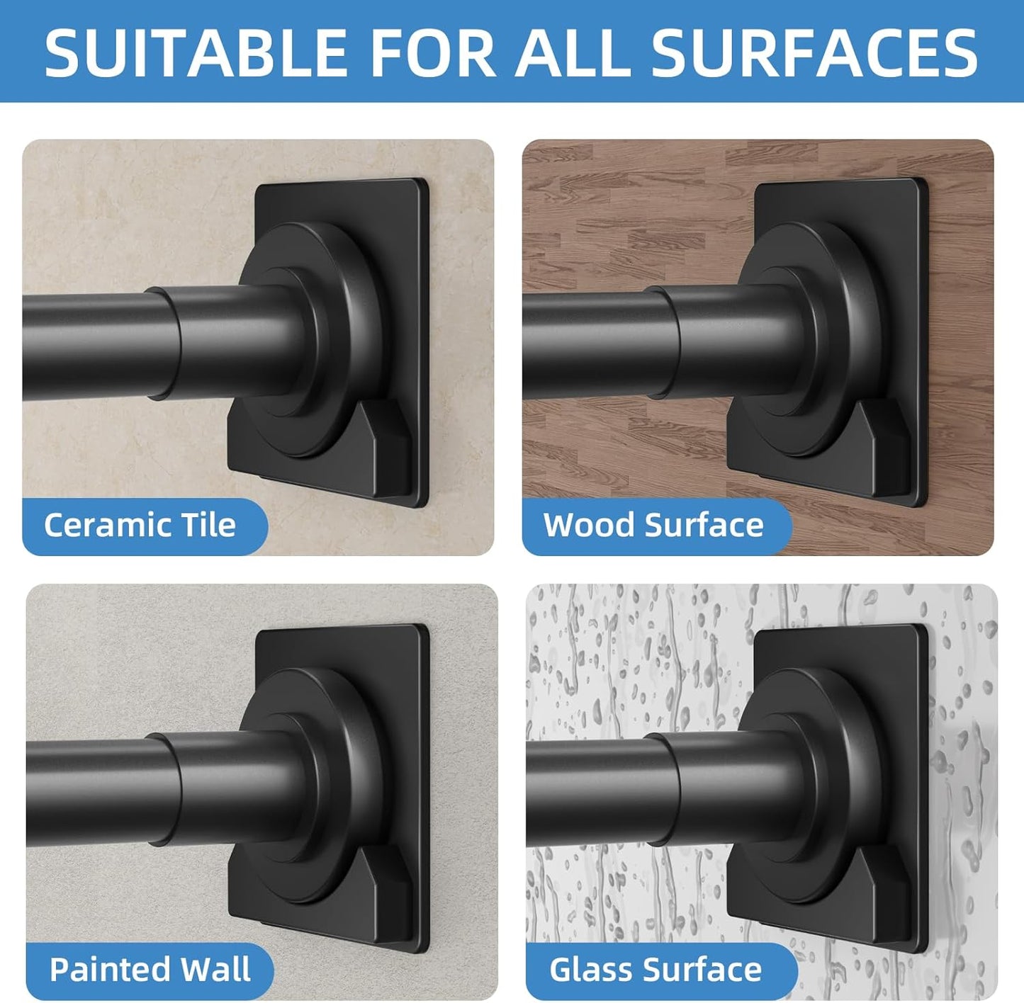Matte Black Shower Curtain Rod,1 Inch Diameter Stainless Steel Adjustable Spring Tension Rods 32 to 80",with Holders,Anti-Slip,Curtain Rods No Drilling(1 Pack)
