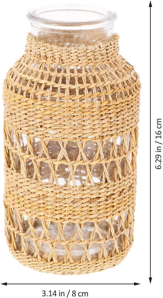 FAVOMOTO Woven Rattan Glass Flower Vase Decorative Table Planter Pot with Seagrass Texture Vintage Style for Home Décor and Office Arrangement