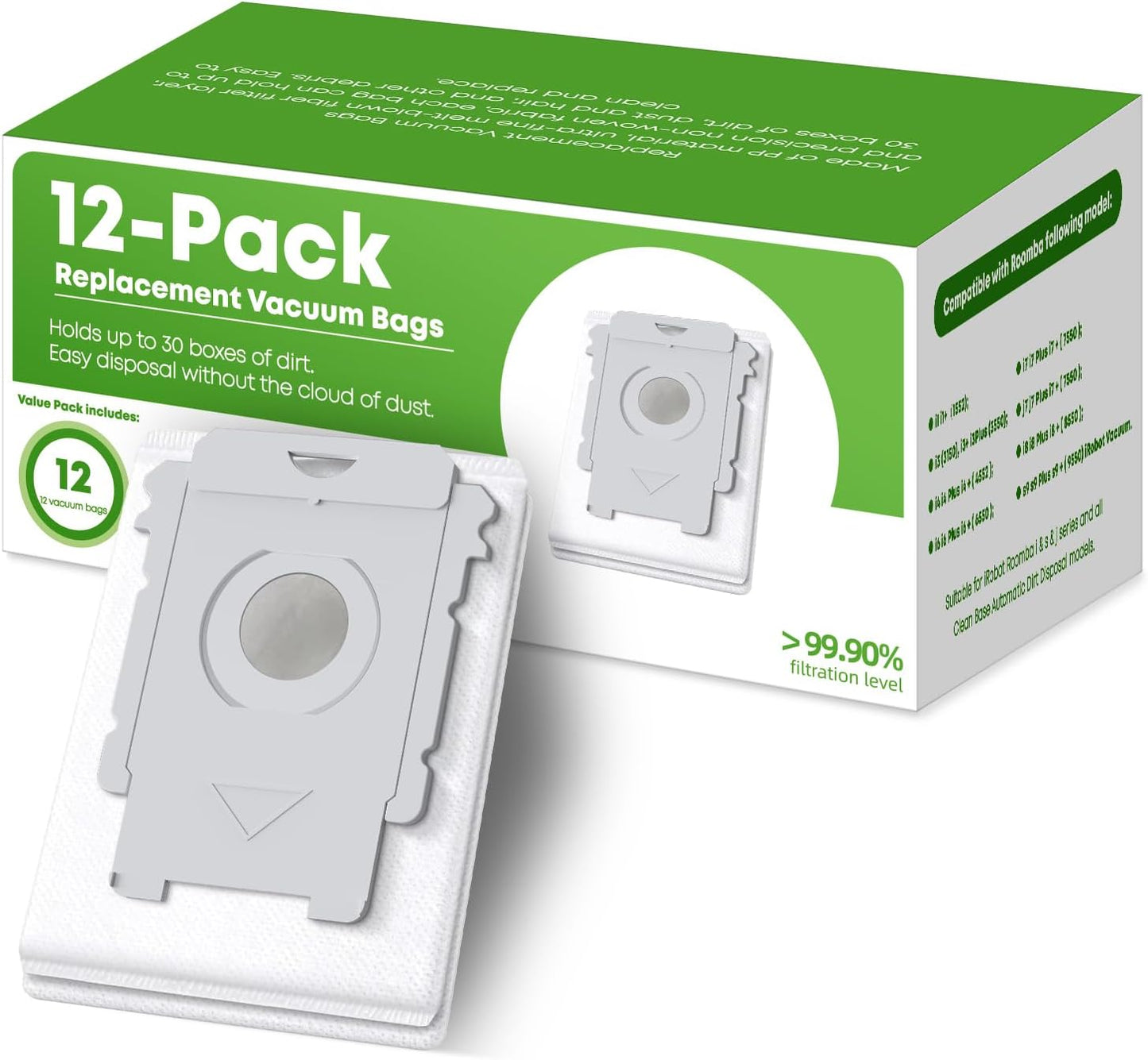 VBN 12 Pack Replacement Roomba Vacuum Bags, Compatible with iRobot Roomba 104 105 405 504 505 705 Combo 10 Max, i7+ i3+ i4+ i6+ i8+ j7+ s9+, i s j Series, All Clean Base Automatic Dirt Disposal Bags