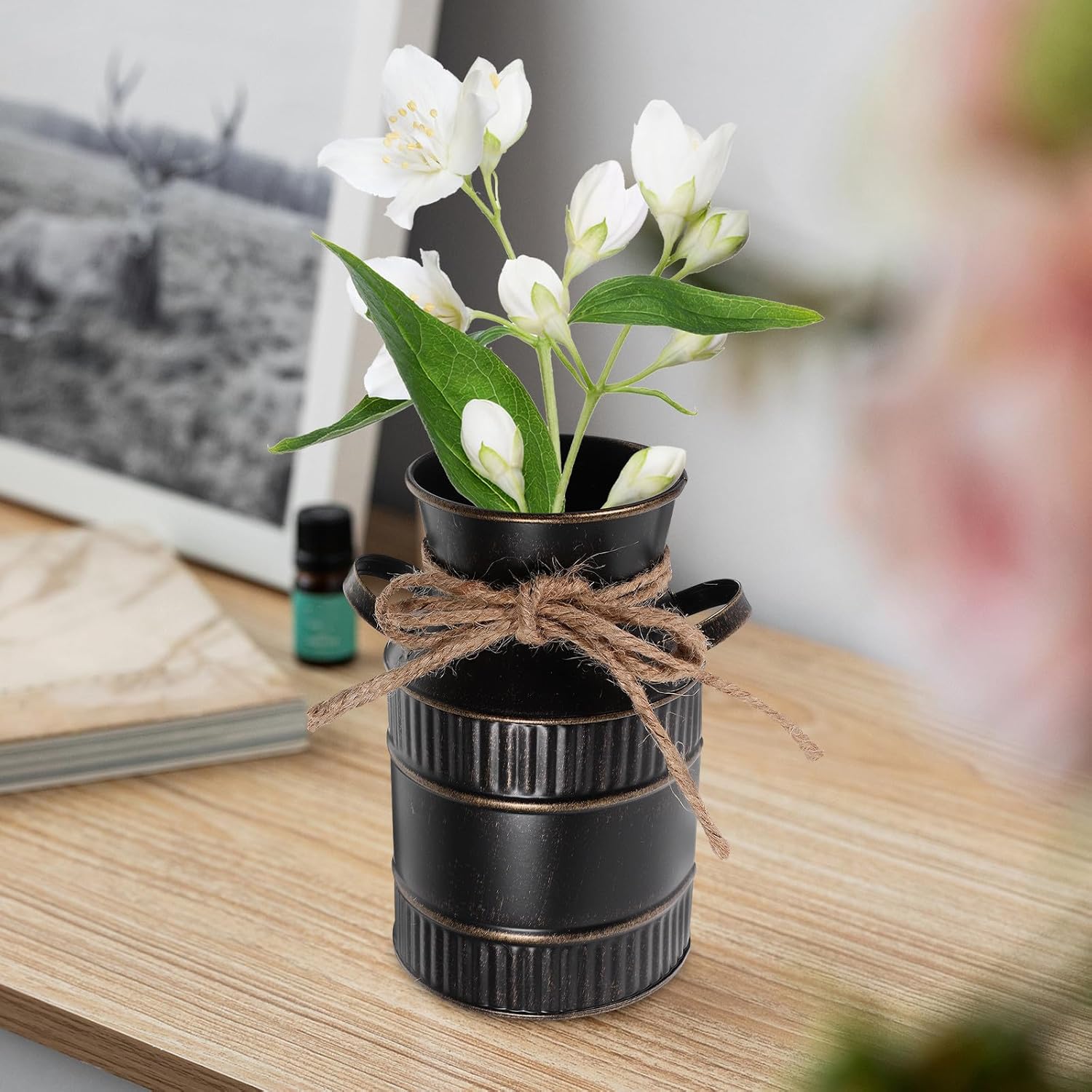BESTOYARD Retro Iron Bucket Flower Vase Handle, Rustic Metal Milk Jug 