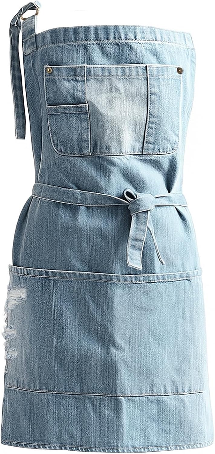 Denim Apron With 5 Pockets for Kitchens,Hairstylist Aprons for Women M