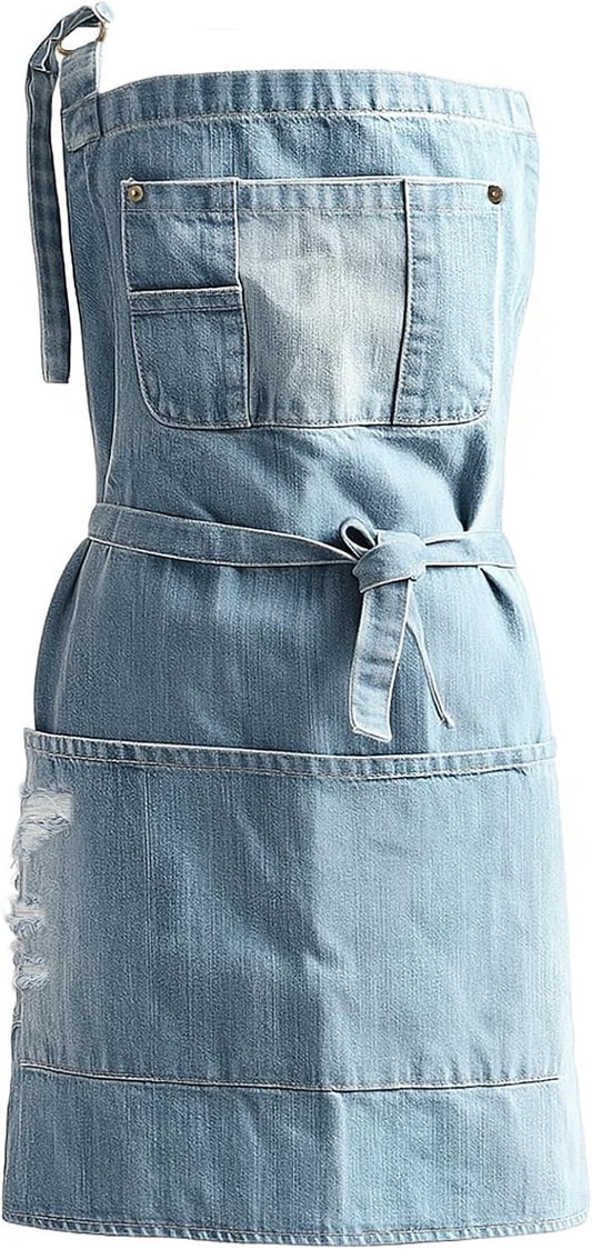 Denim Apron With 5 Pockets for Kitchens,Hairstylist Aprons for Women M