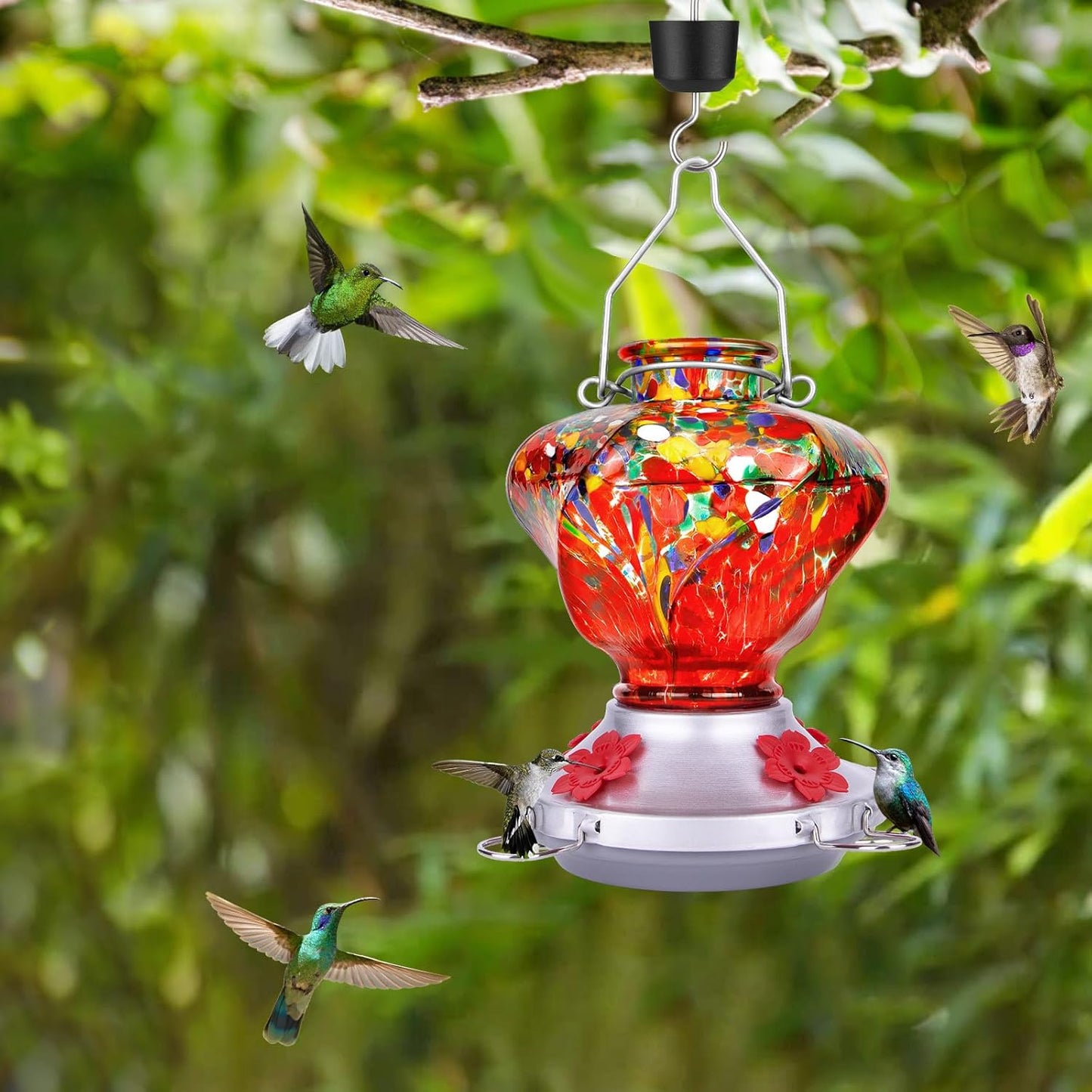 Hummingbird Feeder for Outdoors with Ant Moat, Hummingbird Feeder, Hand Blown Glass, 4 Bee Guard Feeding Ports with Perch, Outdoor Garden Décor, 16OZ, Red, Gifts for Mom Wife Dad Men Women