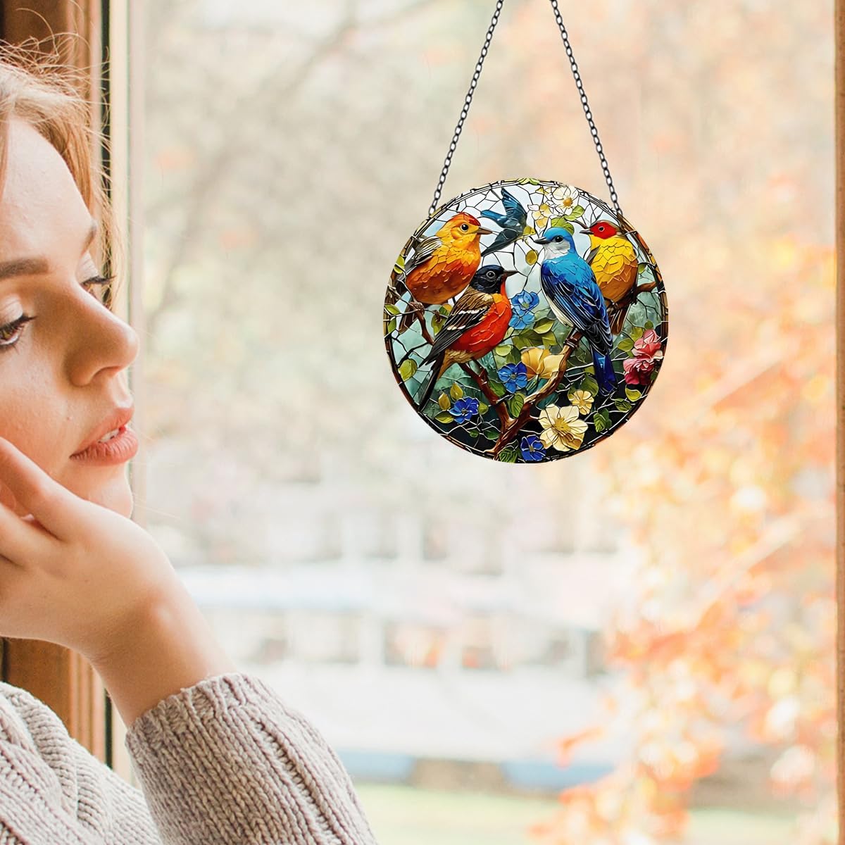 Birds on Branch Stained Glass Window Hanging - 7.8'' Suncatcher for In
