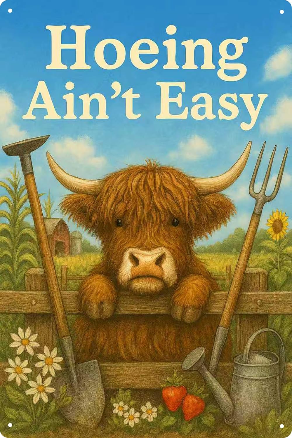 “Hoeing Ain’t Easy” Garden Sign, Funny Highland Cow Metal Yard Signs f