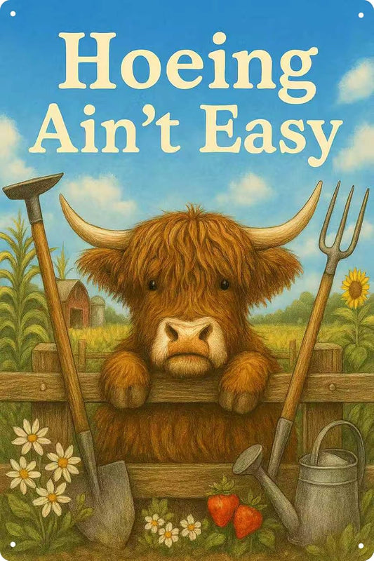 “Hoeing Ain’t Easy” Garden Sign, Funny Highland Cow Metal Yard Signs f
