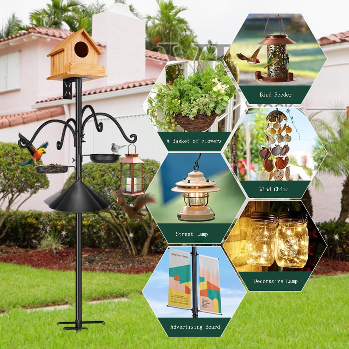 92 Inch Metal Bird Feeder Pole with Squirrel-Proof Baffle, 4 Hooks & 2 Feeding Trays - Heavy Duty 5-Prong Base Outdoor Birdhouse Stand, Garden Bird Feeding Station (Black, 92inch)