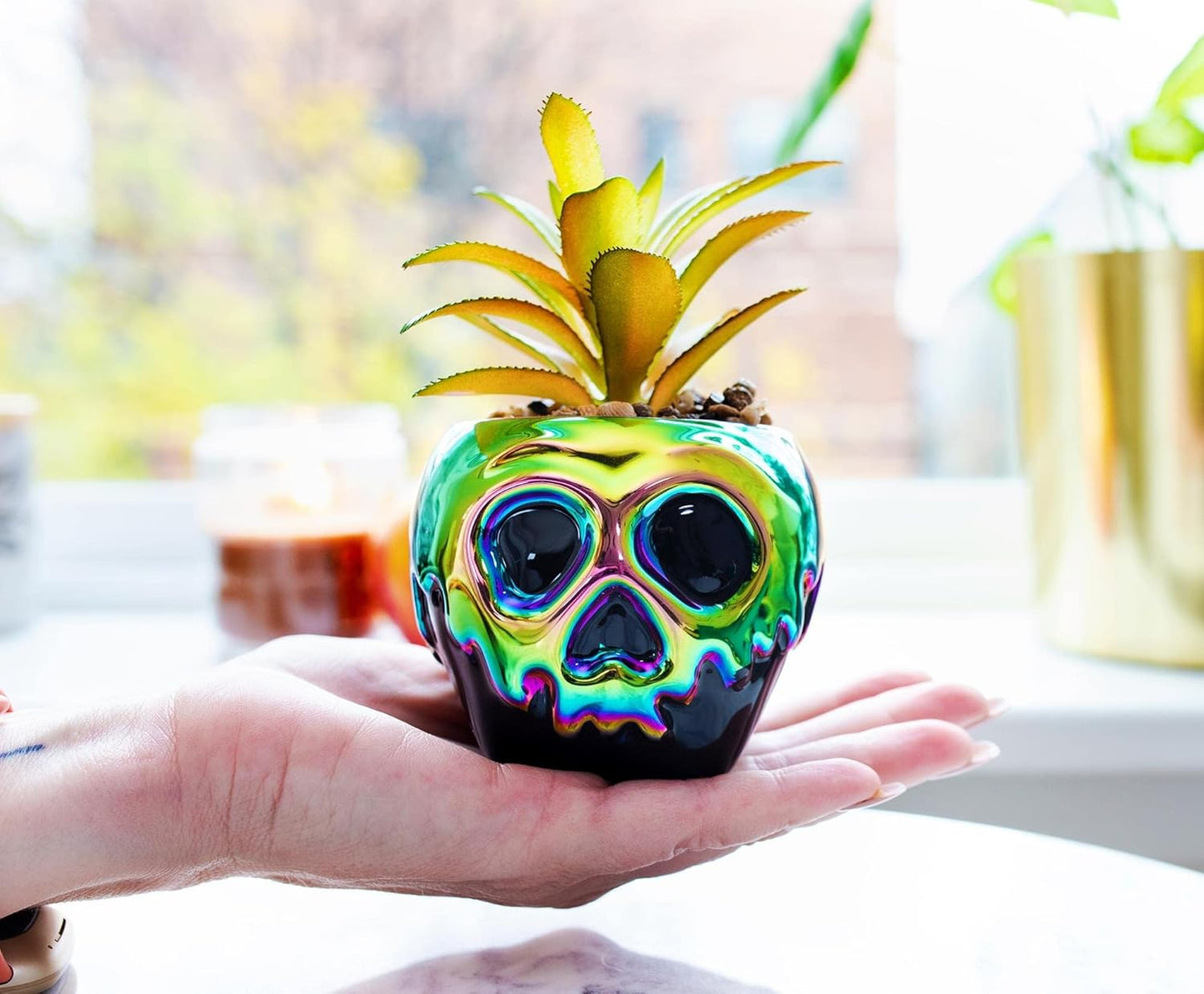 Disney Villains Evil Queen Poison Apple Ceramic Planter with Artificial Succulent | Small Flower Pot, Faux Indoor Plants For Desk Shelf, Home Decor Trinket Tray | Snow White and the Seven Dwarfs Gifts