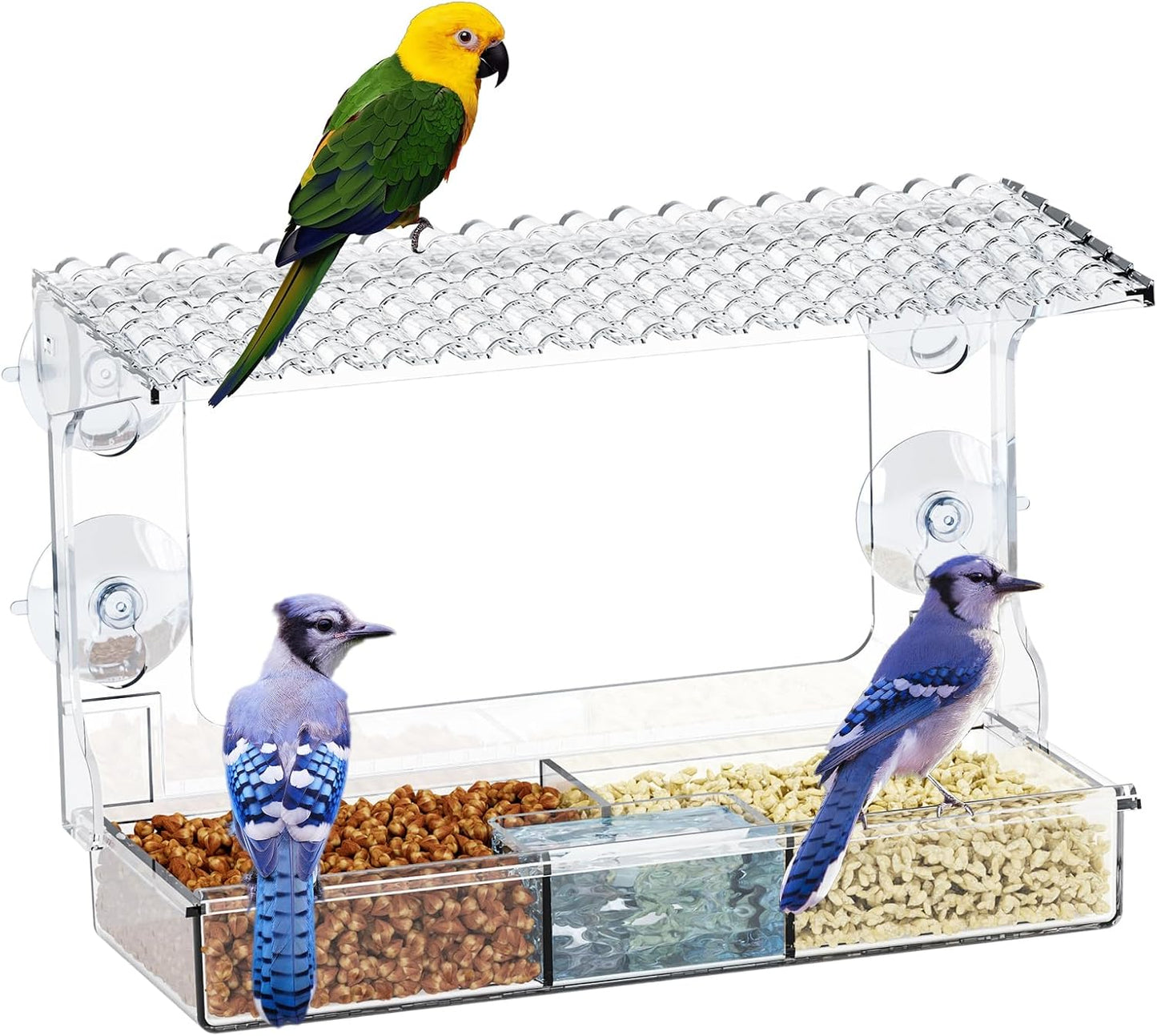Window Bird Feeder with Strong Suction Cups – Flat-Tile Roof Acrylic Bird Feeder for Outdoors, Clear Viewing Box for Wild Birds & Cats, Easy-to-Clean, Large Capacity, Transparent Birdhouse Feeder