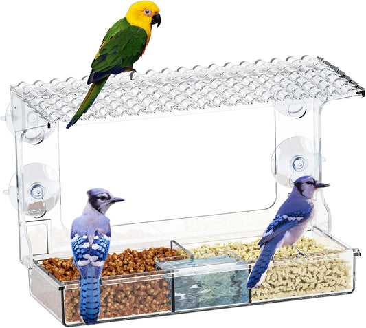 Window Bird Feeder with Strong Suction Cups – Flat-Tile Roof Acrylic Bird Feeder for Outdoors, Clear Viewing Box for Wild Birds & Cats, Easy-to-Clean, Large Capacity, Transparent Birdhouse Feeder