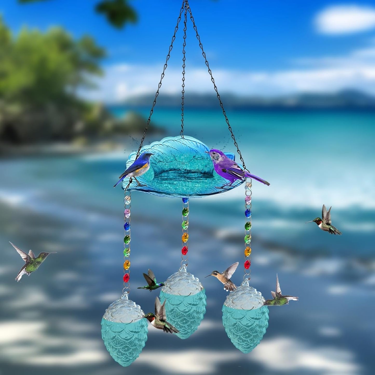 Hummingbird Feeders for Outdoors, Birdbath Bowl, Hanging Solar Bird Bath Fountains with 4 Blue Feeder Pots,Bird Bath Bowl for Garden Backyard Decor