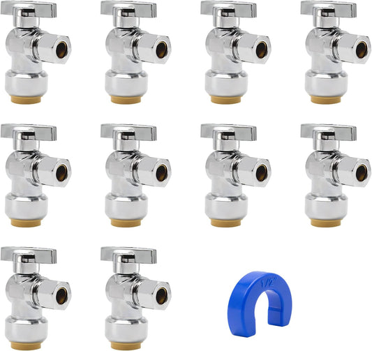 10 Pack Pushfit Angle Stop Faucet Valve, 1/2" Push-Fit x 3/8" Comp, Qu