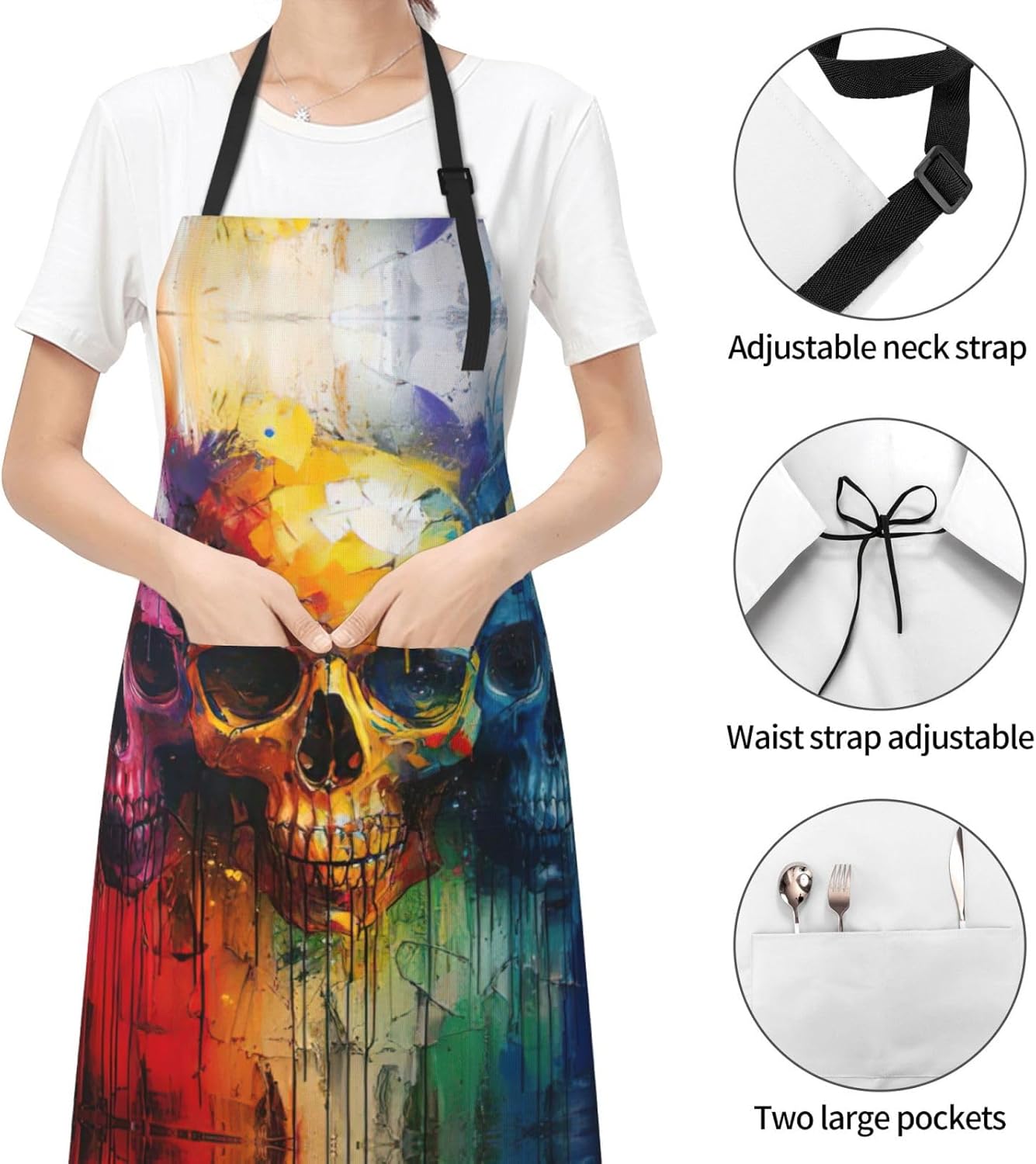 color skulls print Waterproof chef's apron with pocket apron for kitchen cooking baking barbecue and gardening