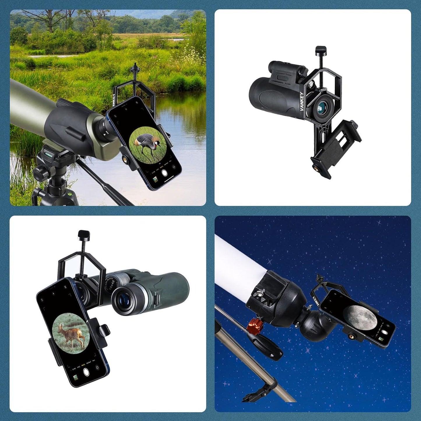 VANKEY Large Telescope Phone Mount, Metal Phone Adapter for Spotting Scope, Monocular, Binocular - Fits iPhone, Samsung and More Smartphone (Bluesky V1-L)