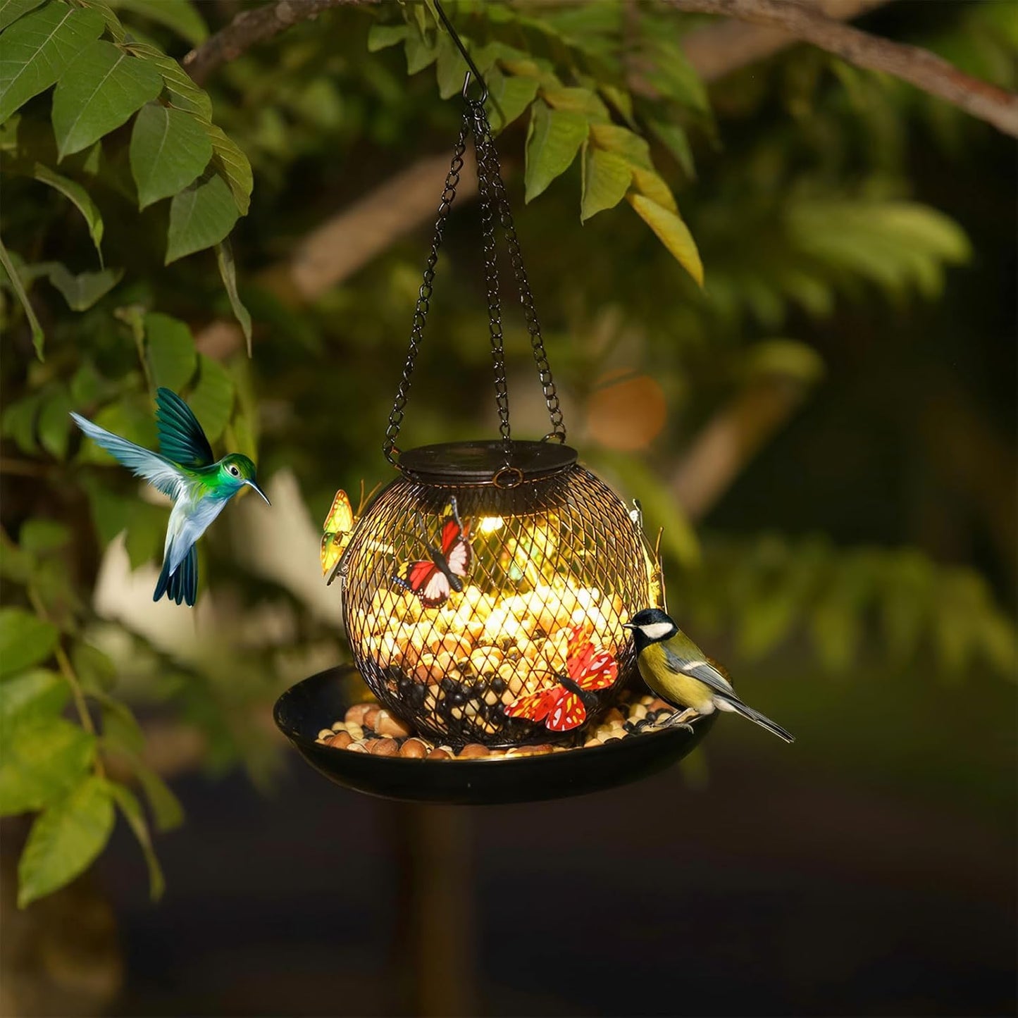 Bird Feeders for Outdoors Hanging, Outside Metal Wild Bird Feeder with Solar Light, Garden Decor for Yard/Patio -Birthday Gifts for Women Mom Grandma Bird Lovers