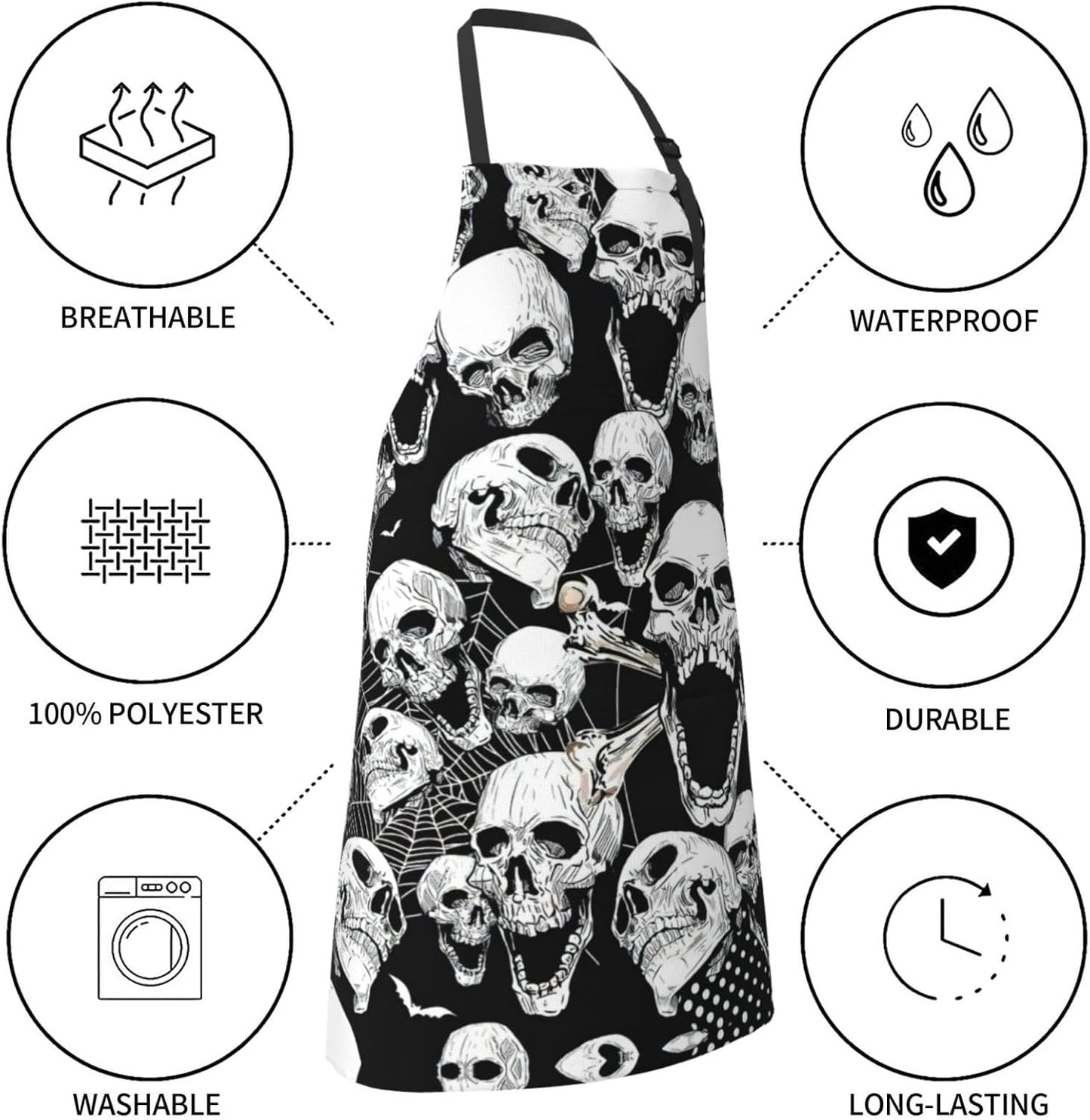 skull background Print 28x33 In Adult Kitchen Apron with Pockets Versatile Chef Smock for Cooking Baking