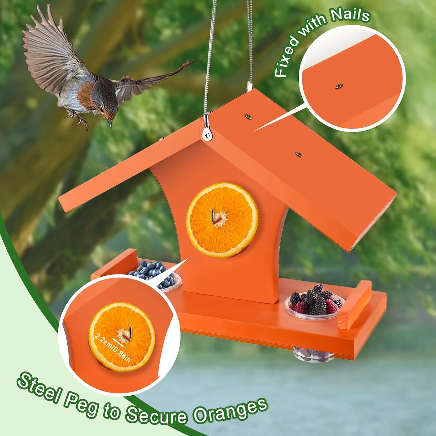 Oriole Feeder for Outdoors Hanging, Wooden Feeder for Oriole Birds with Pegs for Orange Halves, 6 Removable Cups for Jelly or Jam,Fruit,Nectar or Seed, Orange