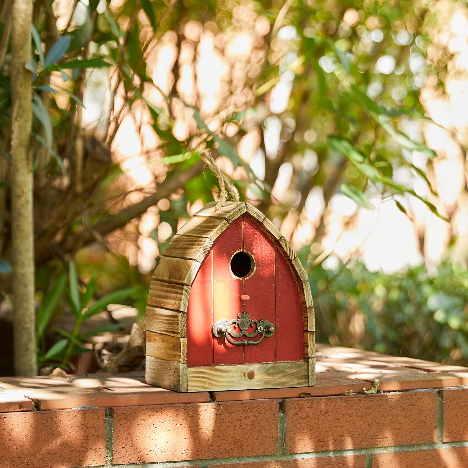 Glitzhome 8.5" H Washed Red Distressed Solid Wood Birdhouse Garden Han