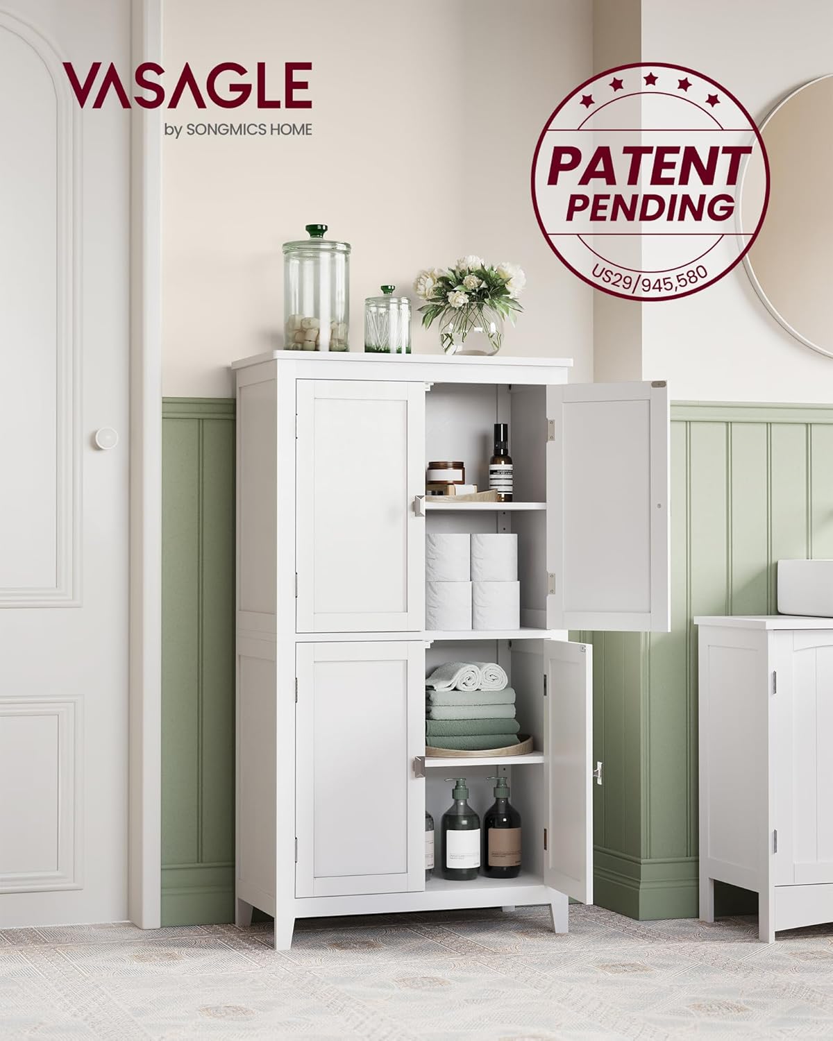 VASAGLE Floor Storage Cabinet, Freestanding Storage Unit with 4 Doors,