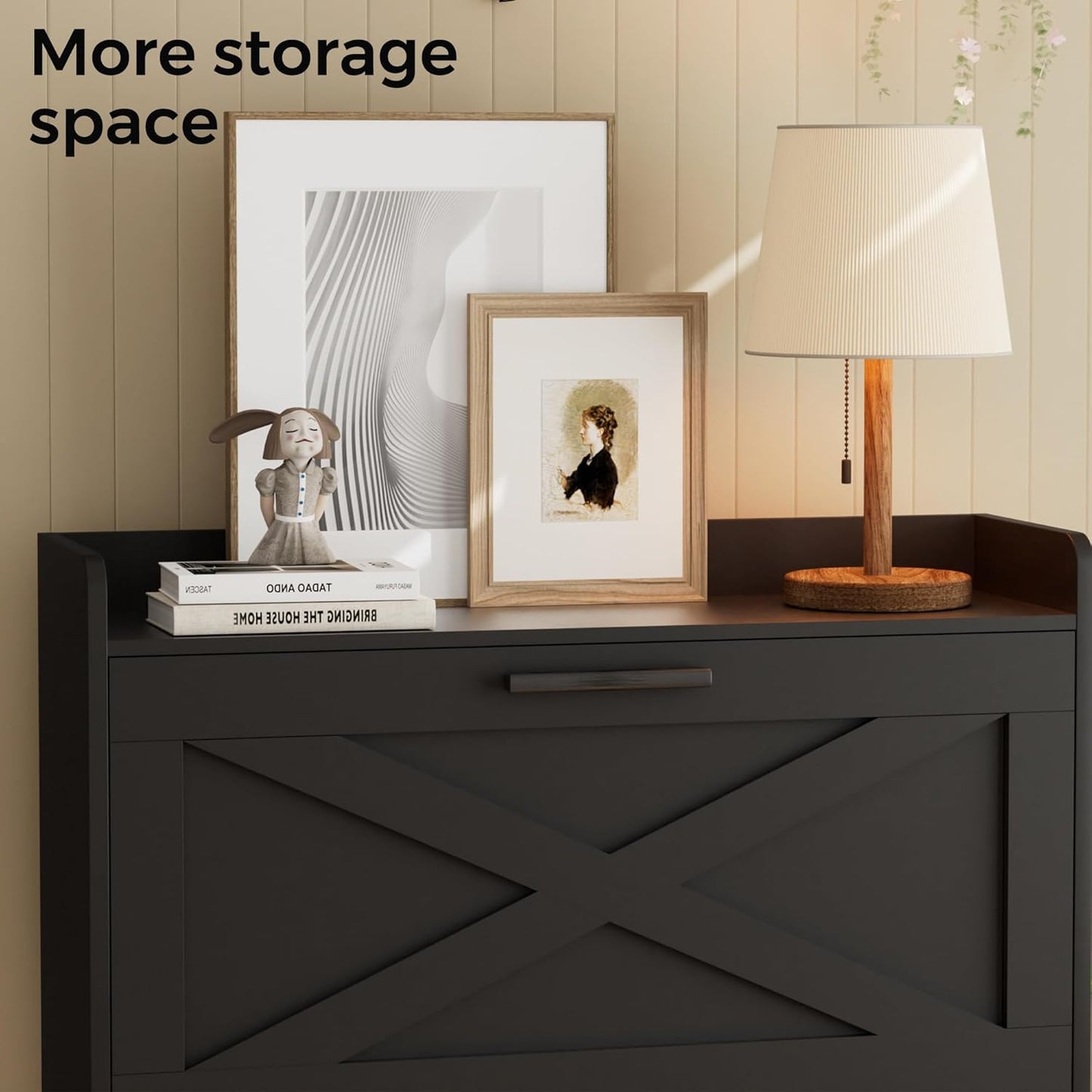 32" W Farmhouse Shoe Storage Cabinet with 2 Flip Drawers and Barn Door