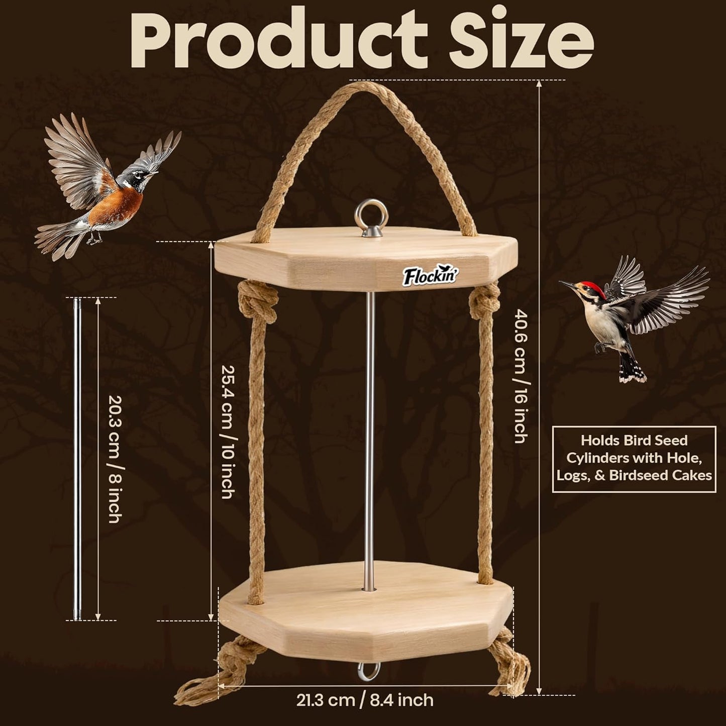 Cylinder Bird Feeders for Outdoors - Weather Resistant Wood Cylinder Feeder with a Bird Safe Protective Clear Finish - Holds Bird Seed Cylinders with Hole, Logs, & Birdseed Cakes