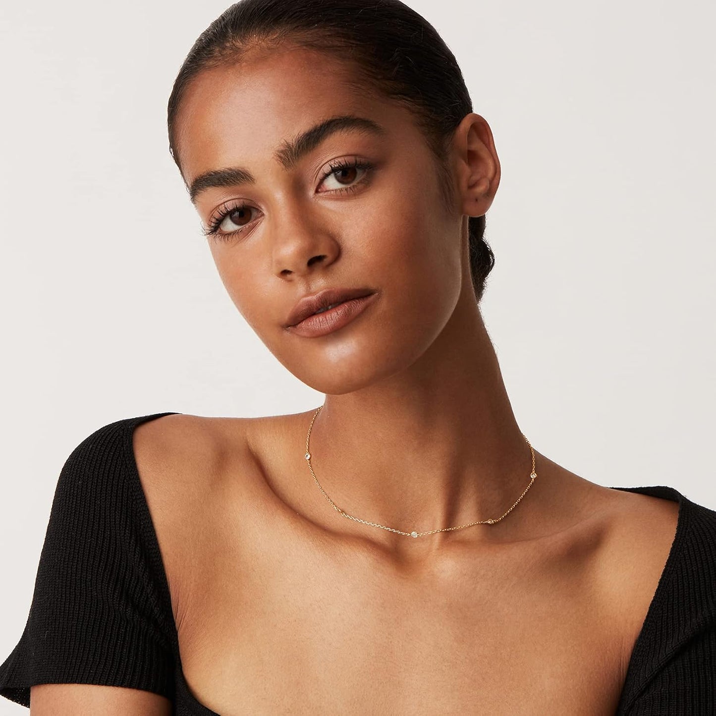 PAVOI 14K Gold Plated Station Necklace - Simulated Diamond Layering Ne